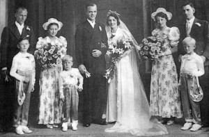 Albert Arber's wedding photo with a young Gary Arber (of Arbers suffragettes printers on Roman Road) bottom right, from the Living in Bow image archive project on Facebook