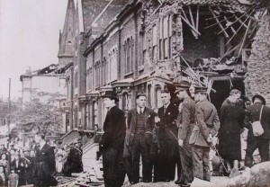 The King, Mr Clement Attlee and the Mayor of Poplar inspecting St Barnabas Church following bombing in 1942, from the Living in Bow image archive project on Facebook