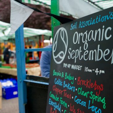Organic September blackboard at street market