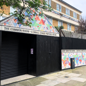 The Common Room on Roman Road, a wooden building covered with colourful tiles